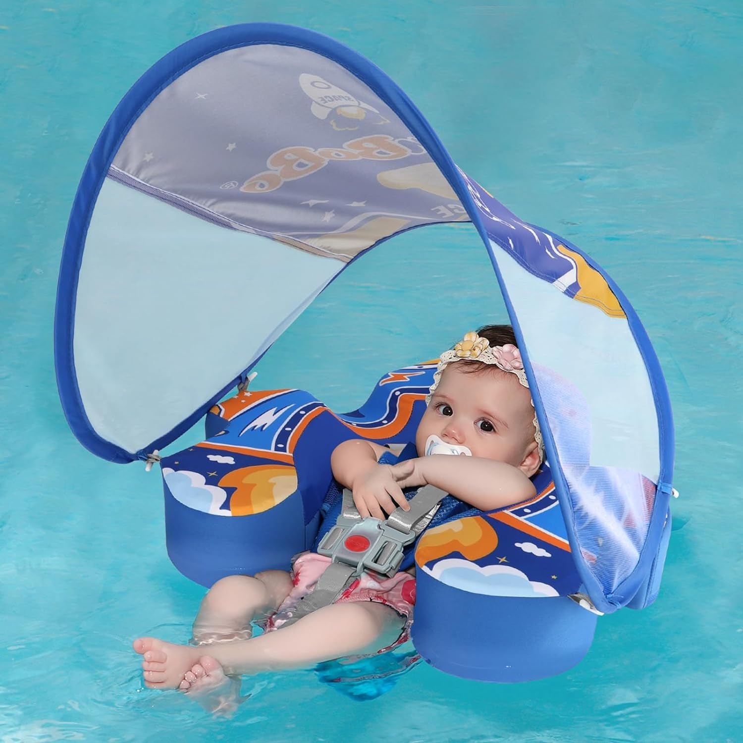 Professional title: "Swimbobo Baby Float with Canopy - Soft Skin-Friendly Fabric Material,  Infant Swim Float for Boys and Girls, Swimming Pool Toy (Blue, Large)"