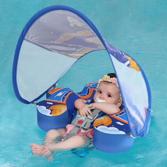 Professional title: "Swimbobo Baby Float with Canopy - Soft Skin-Friendly Fabric Material,  Infant Swim Float for Boys and Girls, Swimming Pool Toy (Blue, Large)"